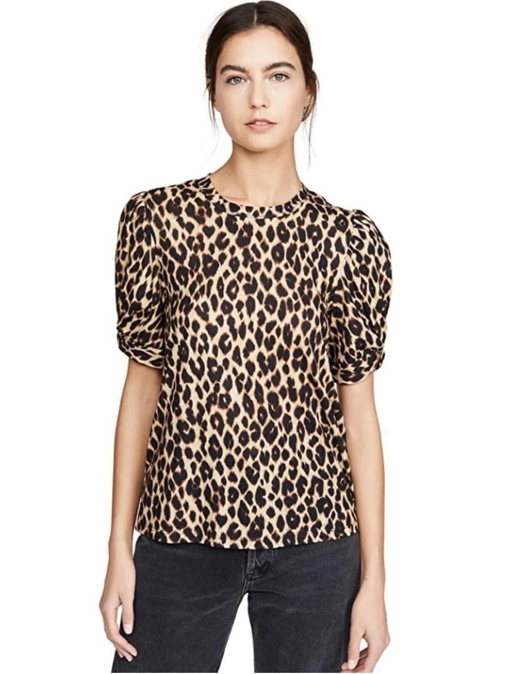 A.L.C. Leopard Print Puff Sleeve Cotton Top Size Large